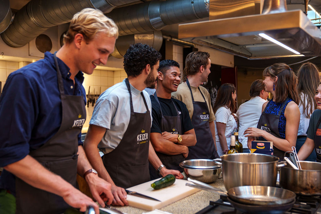 Illustrated chef studio cooking workshop with prepared dishes