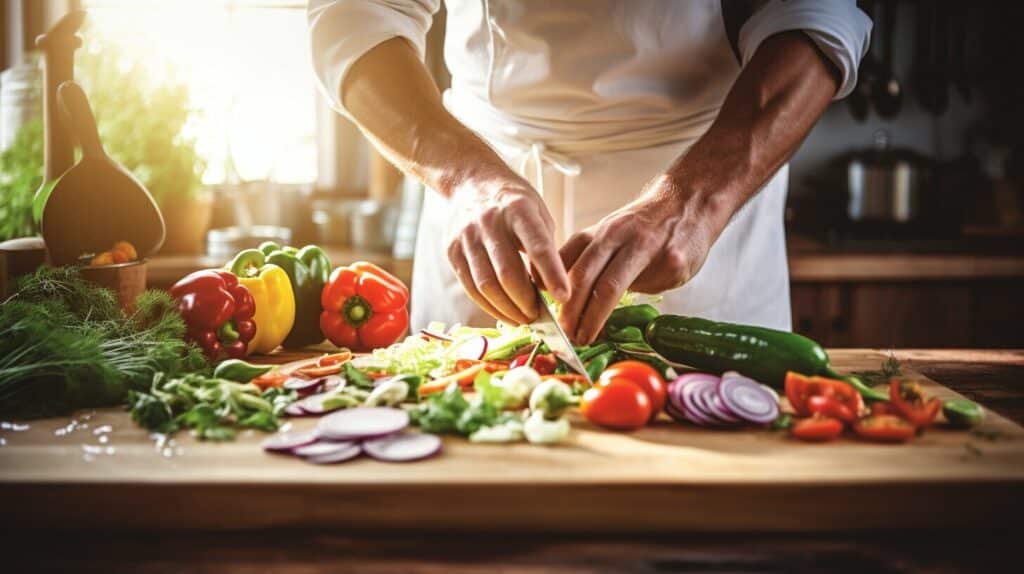 Illustrated culinary skills lesson with chef demonstrating techniques