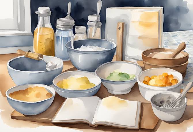 Illustrated baking workspace with pastries and baking tools